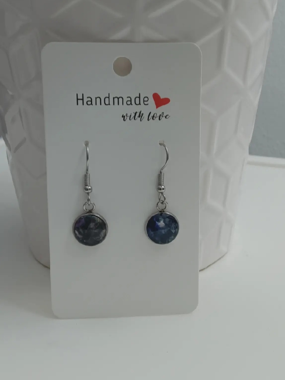 Handmade Silver Dangle Earrings with Blue and Purple Galaxy Cabochons